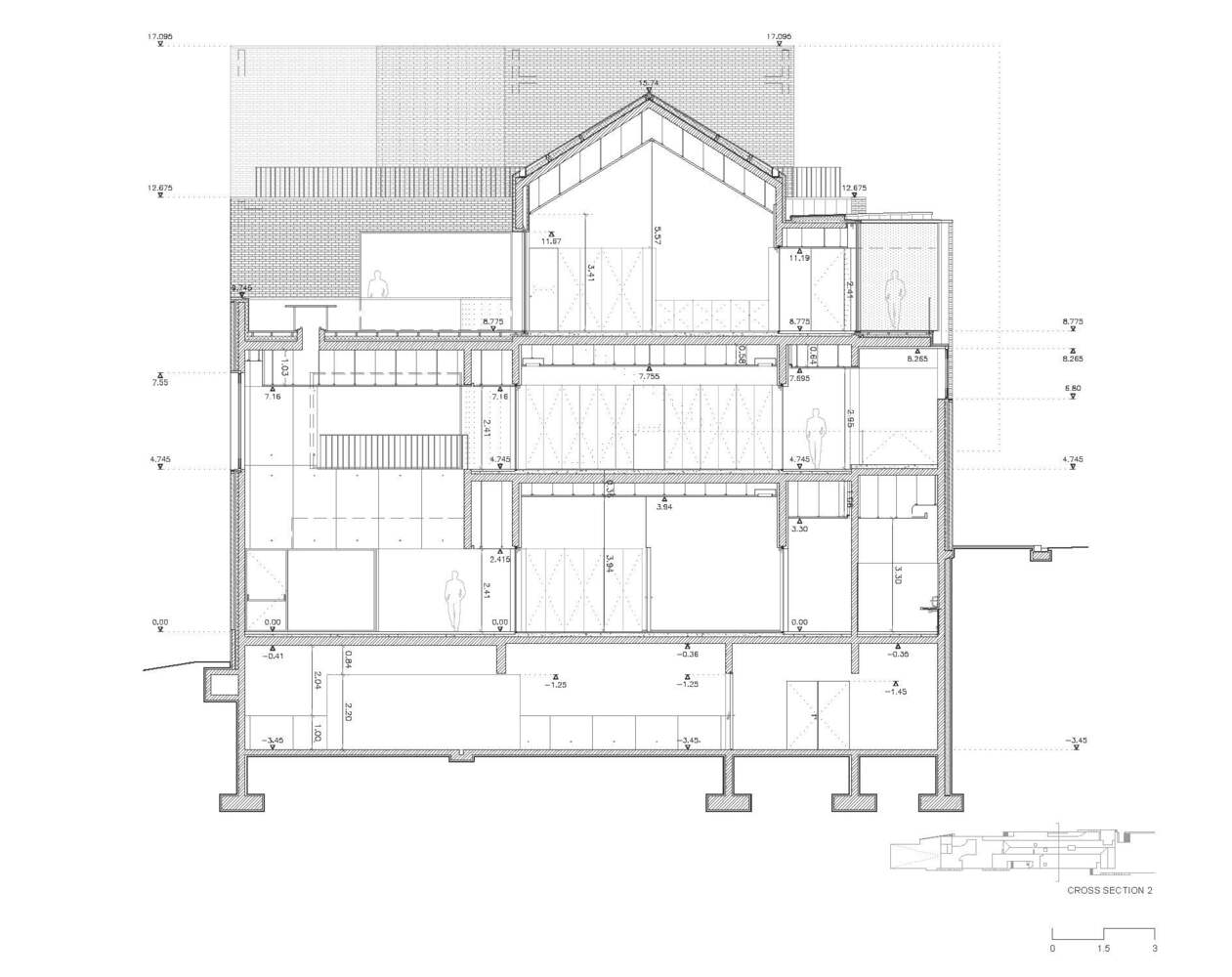 Cross section drawing revealing the multi-level interior with exposed timber structure and intermediate floors
