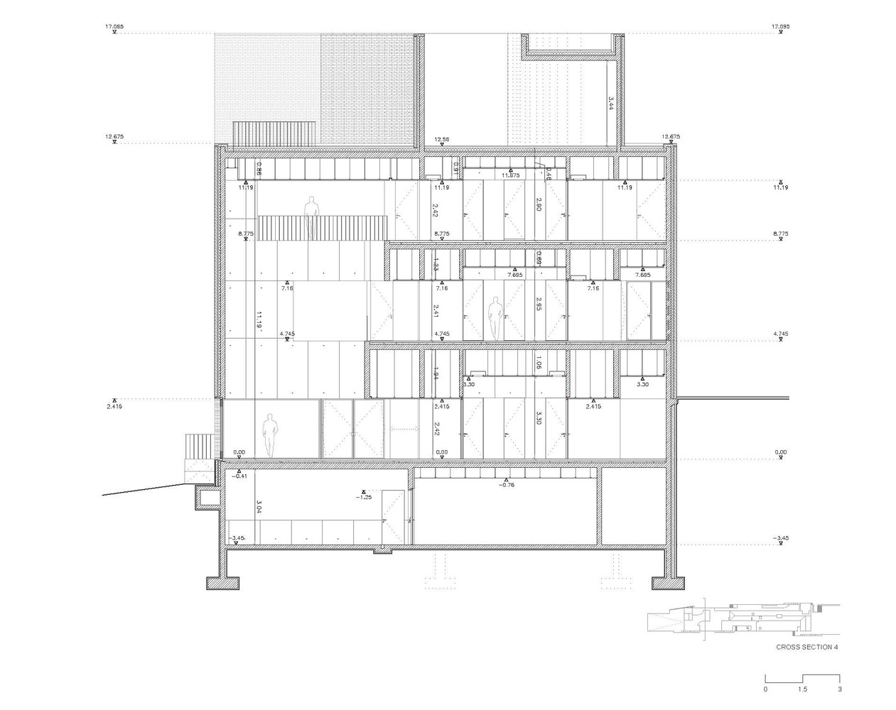 Cross section drawing illustrating the staggered floor plates and vertical circulation connecting different levels