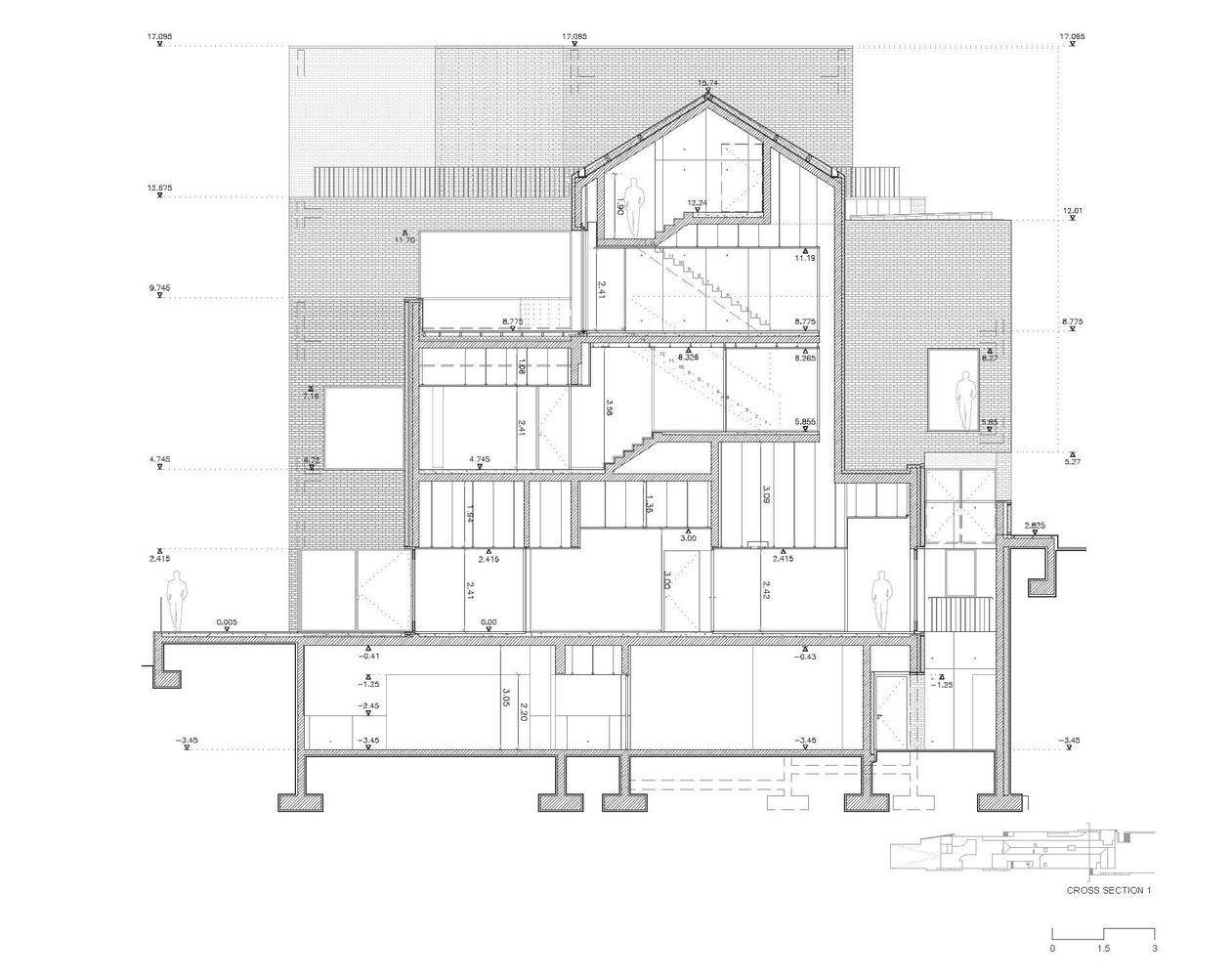 Cross section drawing showing the pitched roof assembly and interconnected spaces across varying floor heights
