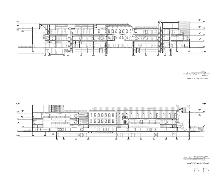 Longitudinal section drawings showing multi-level interior spaces with arcaded central hall and lateral volumes