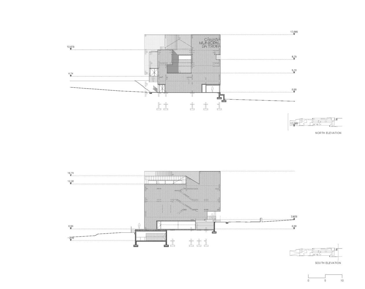 North and south elevation drawings showing gabled volumes on sloping terrain with foundation details