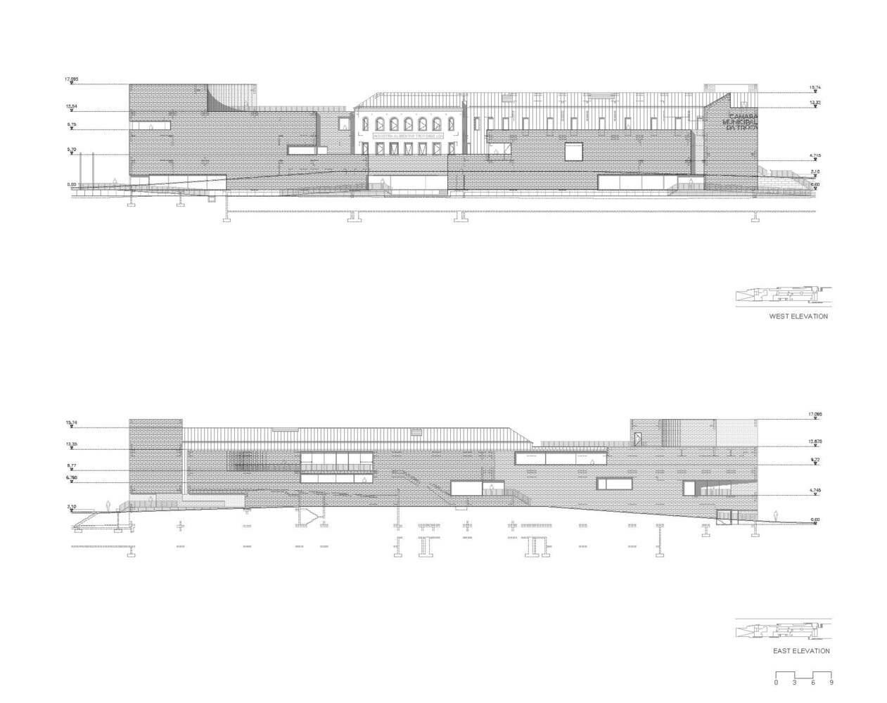West and east elevation drawings with horizontal stratification and central arched openings flanked by solid masses