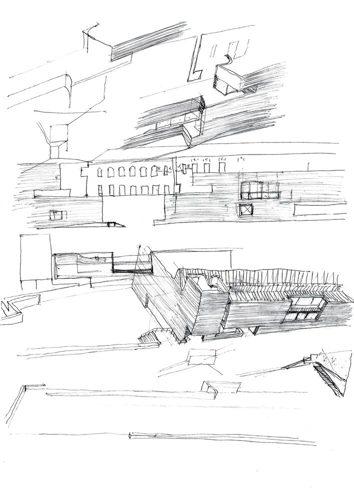 Sketch showing perspective views of massing with arched arcade and cantilevered volumes