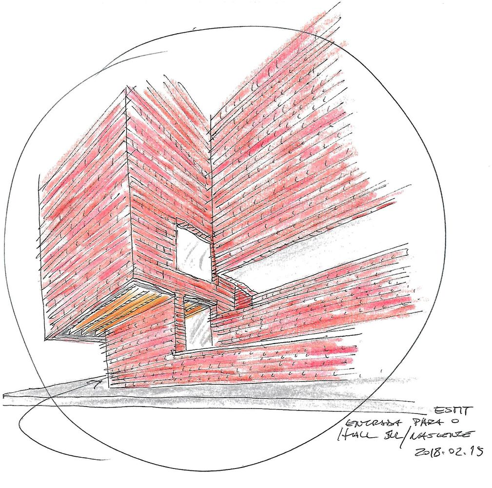 Corner perspective sketch of brick facade with recessed windows framed in circular vignette