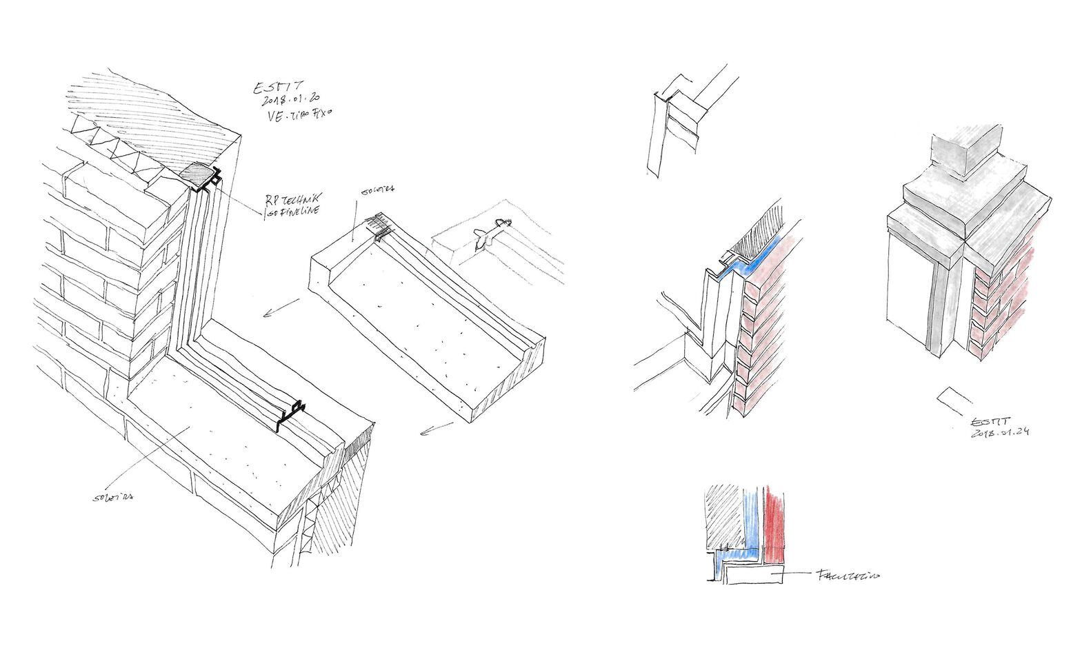 Axonometric detail drawings showing window systems and facade assembly with handwritten notes