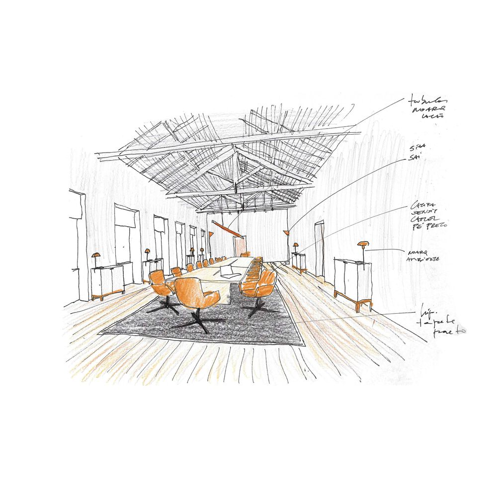 Interior perspective sketch of a meeting room with exposed timber roof trusses and striped wood flooring