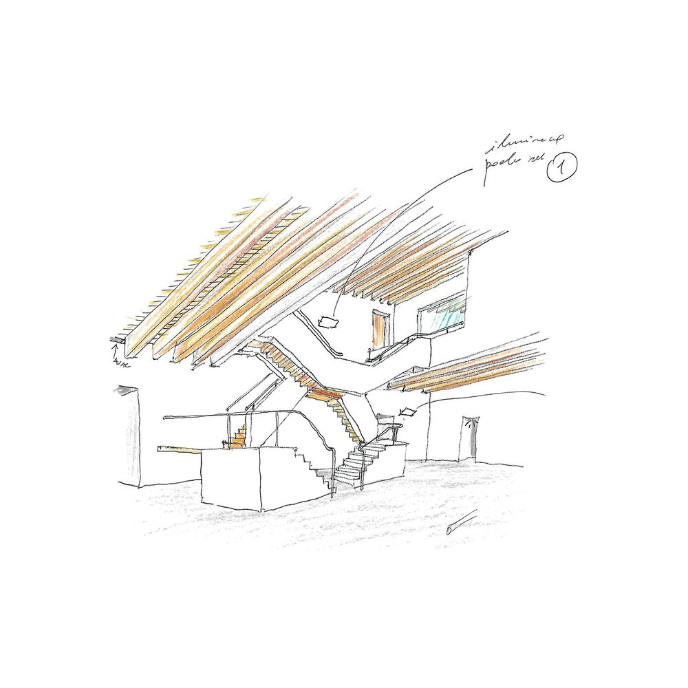 Sectional sketch revealing a split-level interior with timber roof structure and interconnected staircases
