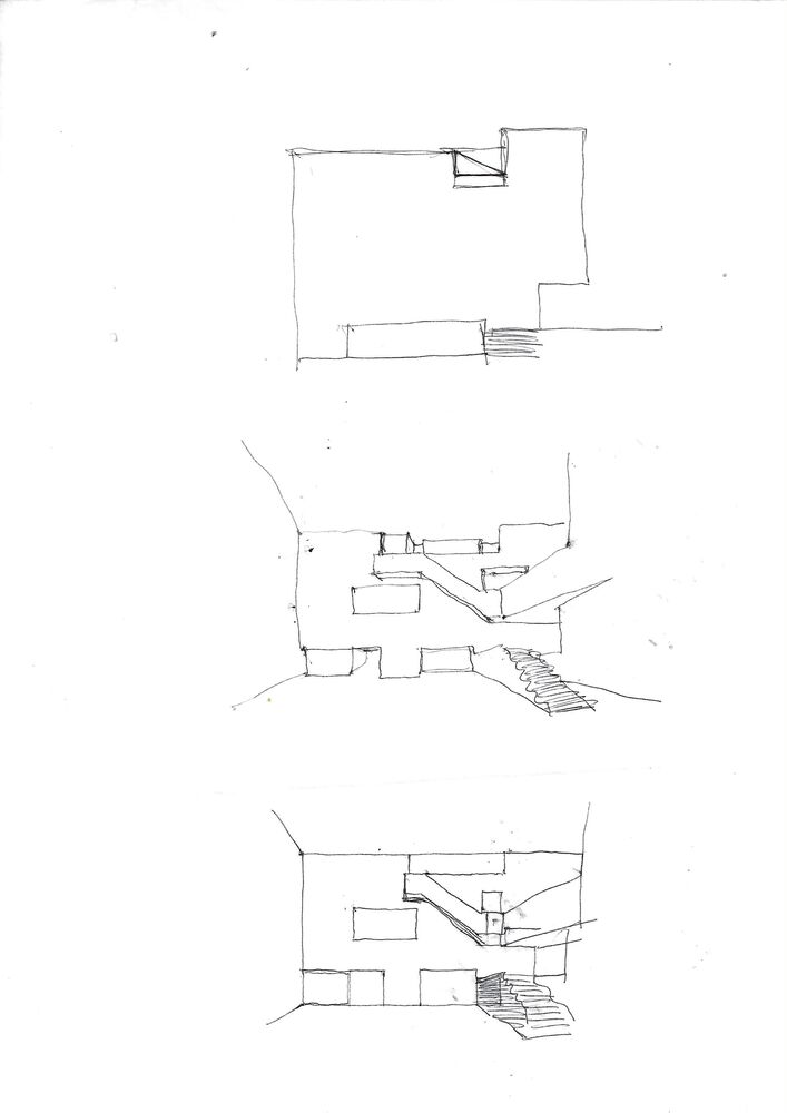 Plan and section sketches illustrating spatial relationships between rooms and a diagonal staircase