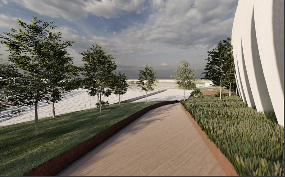 Green Walkway Integration – A serene pedestrian path surrounded by lush greenery, enhancing the connection between nature and infrastructure.