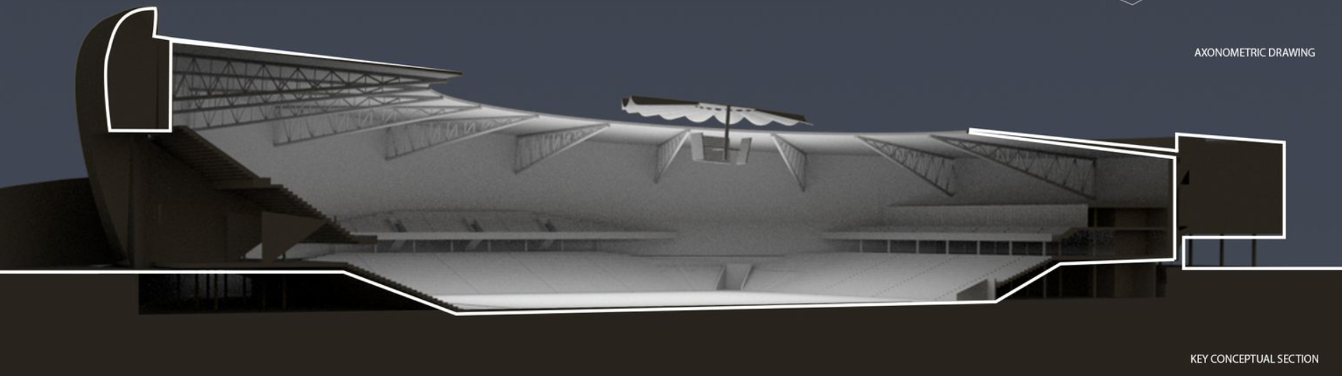 Conceptual Section View – A technical cross-section showcasing the stadium’s structural framework and sustainable roof design.