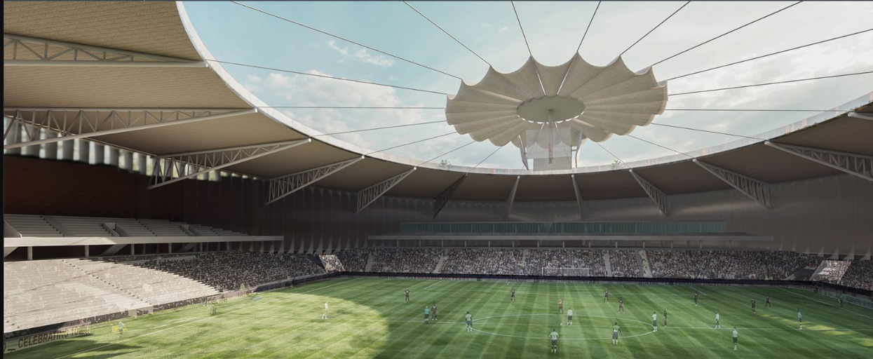 Innovative Stadium Design – A sustainable stadium with an open-roof concept integrating modern architecture and environmental consciousness.