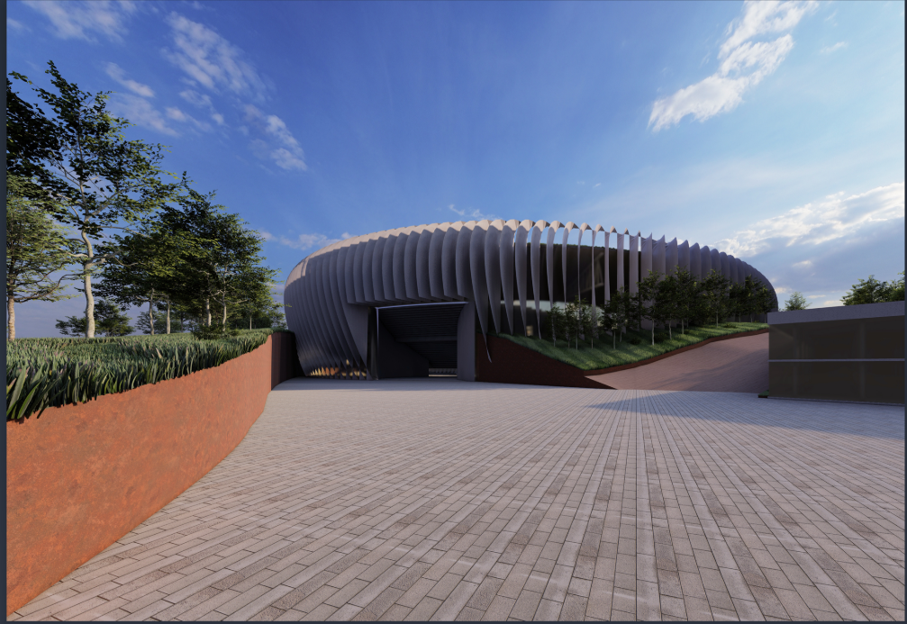 The stadium’s unique facade blends with the natural landscape, creating a seamless transition between structure and environment.