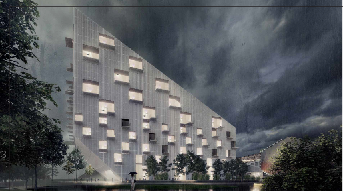 Nighttime Atmosphere – The striking facade of the stadium's adjacent building illuminated under dramatic skies.