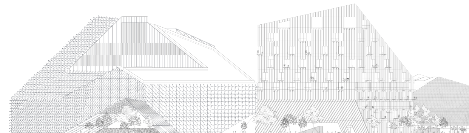 Structural Elevation – A technical elevation view highlighting the stadium’s integration with mixed-use architecture.