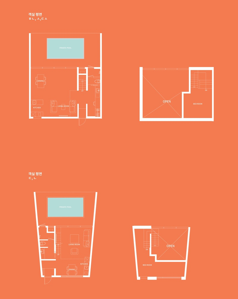 Floor plan drawings showing two levels with living room, kitchen, and mezzanine bedroom arrangements