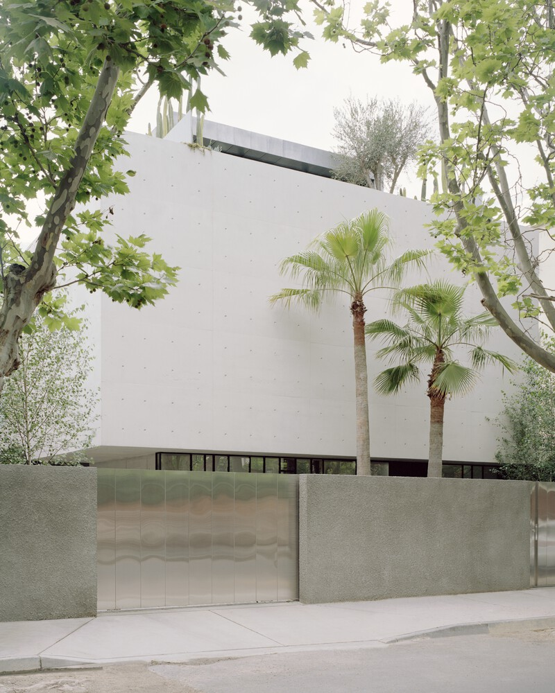 Street view of white plastered facade behind concrete perimeter wall with palms and sycamore trees