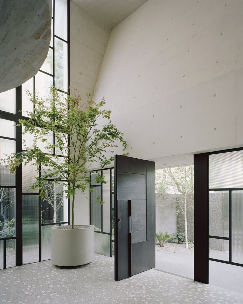 Double-height entry foyer with pivoting steel door and planted tree under glazed corner window