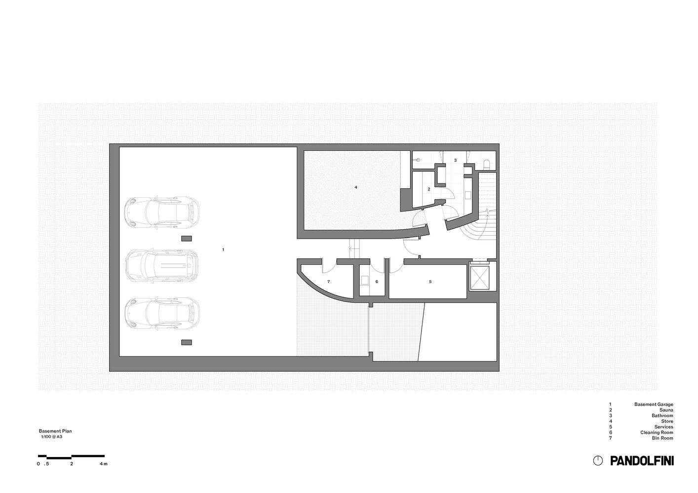 Basement floor plan showing parking for three vehicles and service spaces