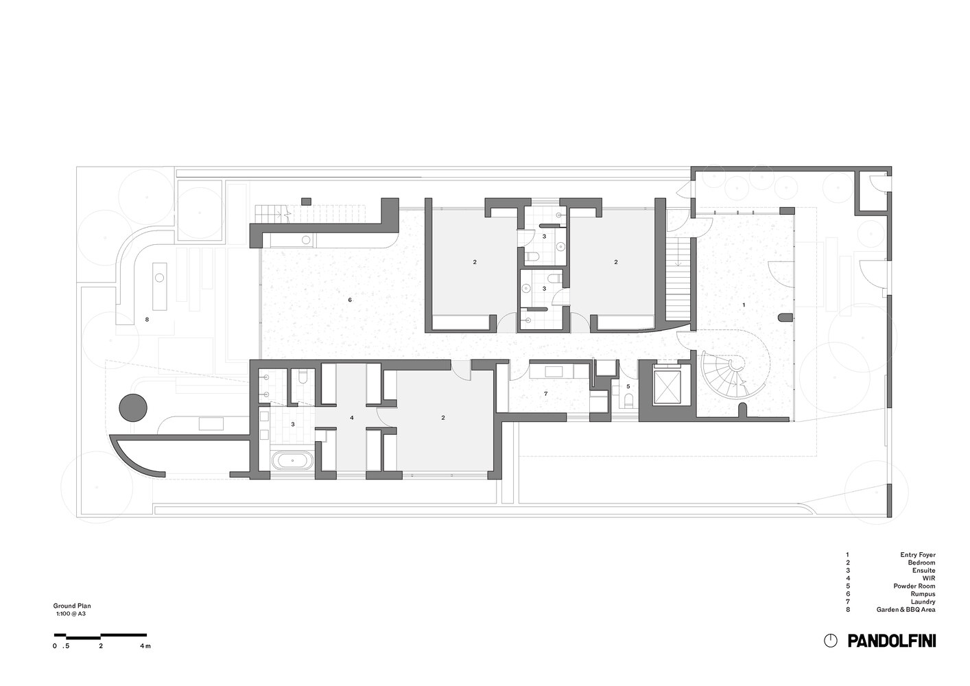 Ground floor plan showing multiple rooms arranged around a curved exterior terrace