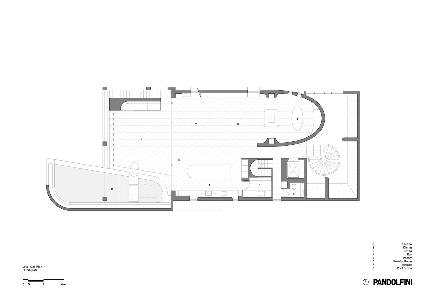 Level one floor plan showing open living space with curved glass wall and spiral stair