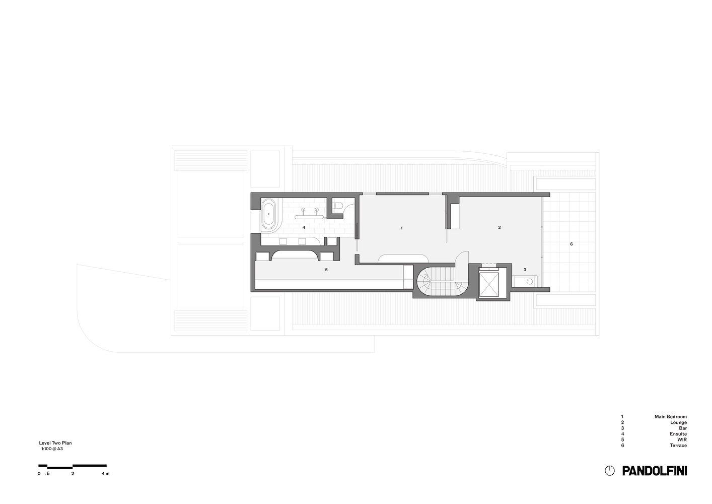 Floor plan drawing showing bedrooms and bathroom with curved stairwell connecting two levels