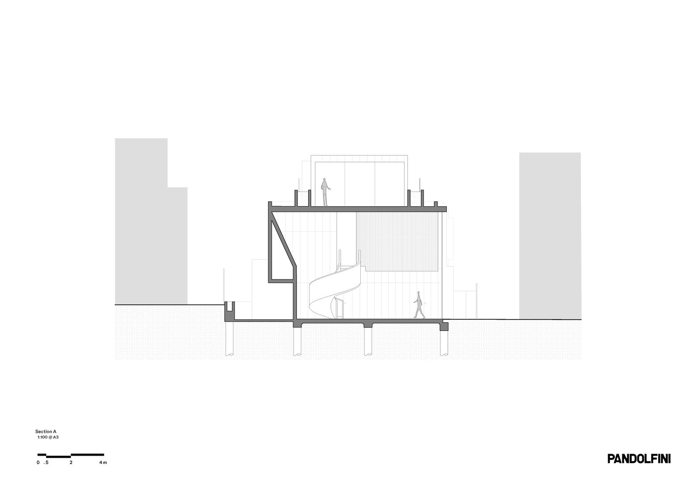 Section drawing revealing the internal stair with figure silhouettes and adjacent buildings in context