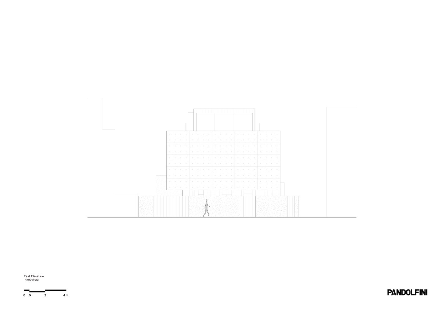 Elevation drawing showing the textured facade with central window and a walking figure below