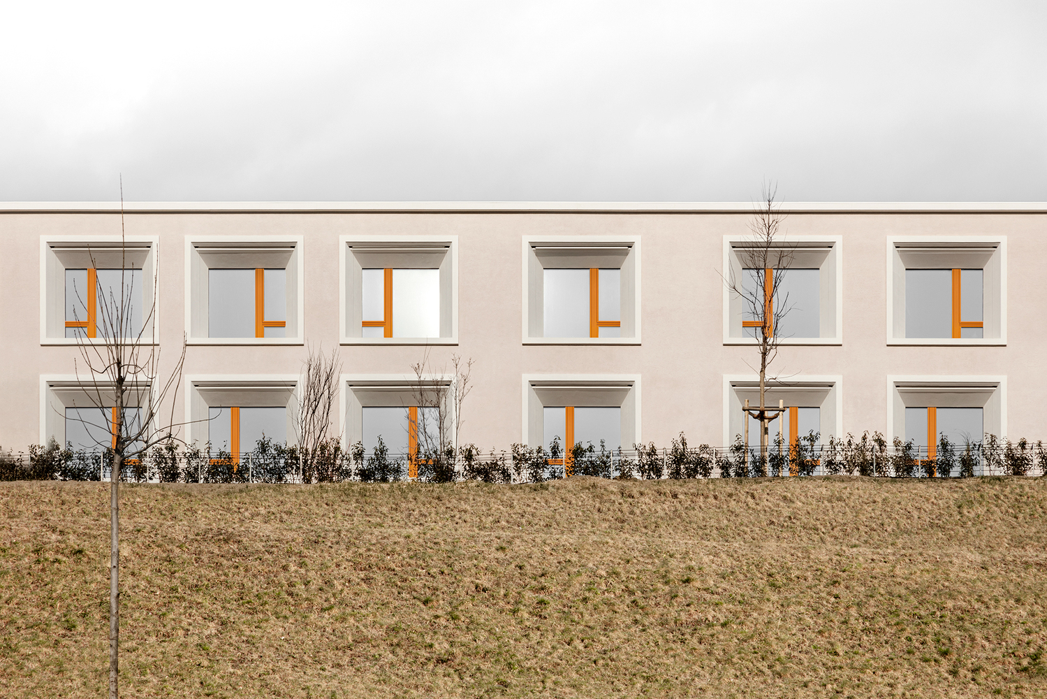 Facade detail showing square windows with deep reveals and timber frames above a planted hedge row