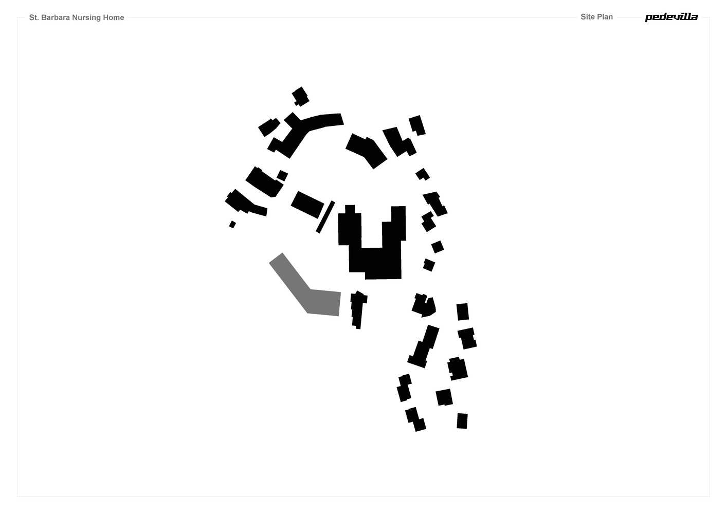 Site plan drawing showing curved building footprint among scattered surrounding structures on sloped terrain