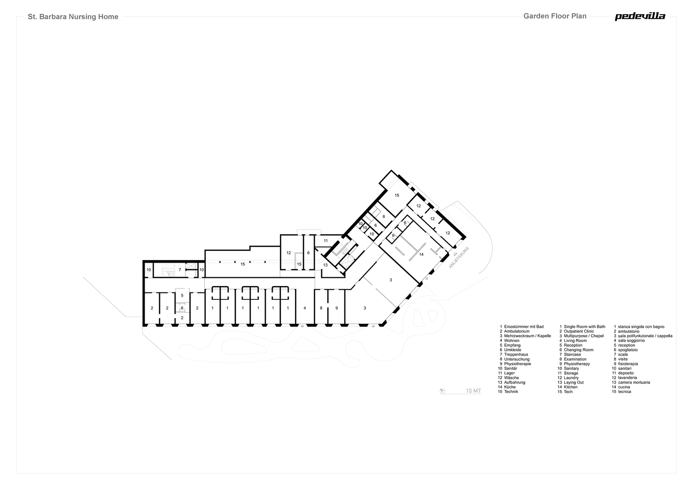 Garden floor plan showing angled wing with rooms flanking a central corridor and courtyard spaces