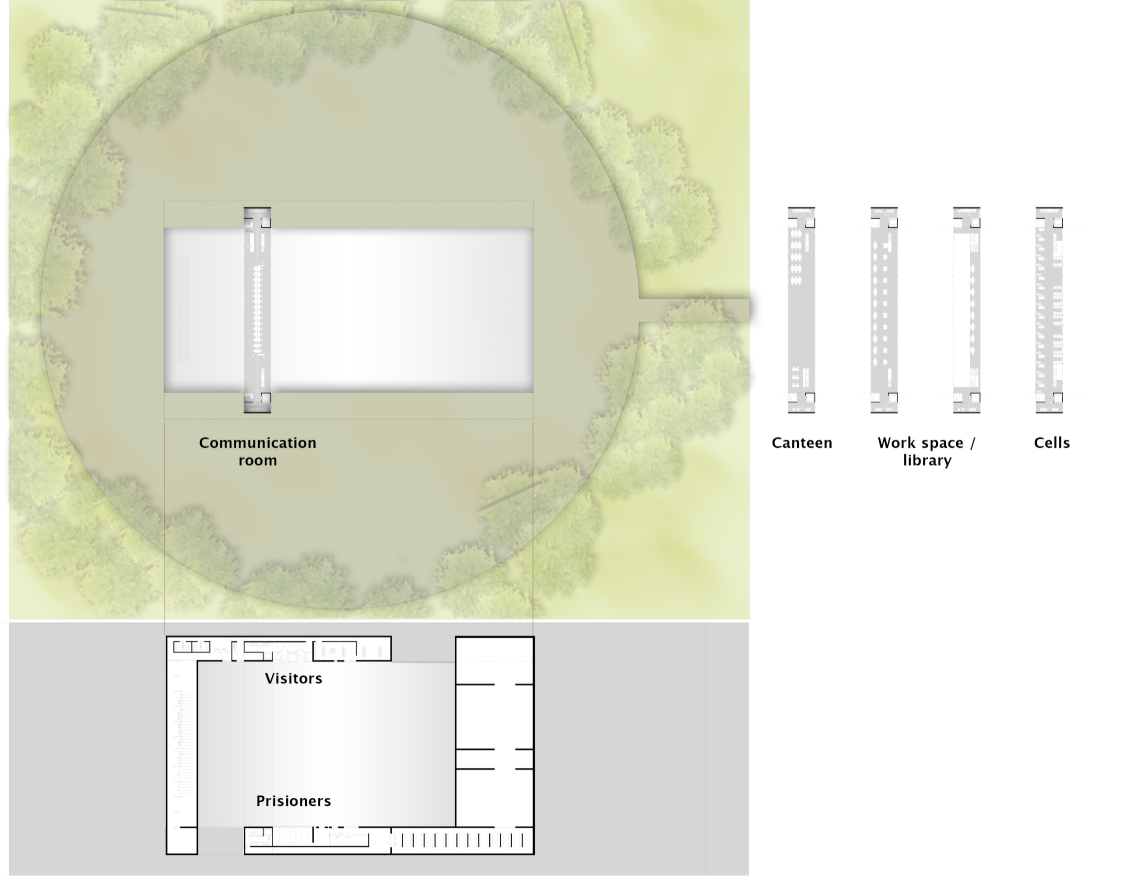 Zoning & Layout: A top-down site plan illustrating the organization of prison spaces for optimized movement and interaction