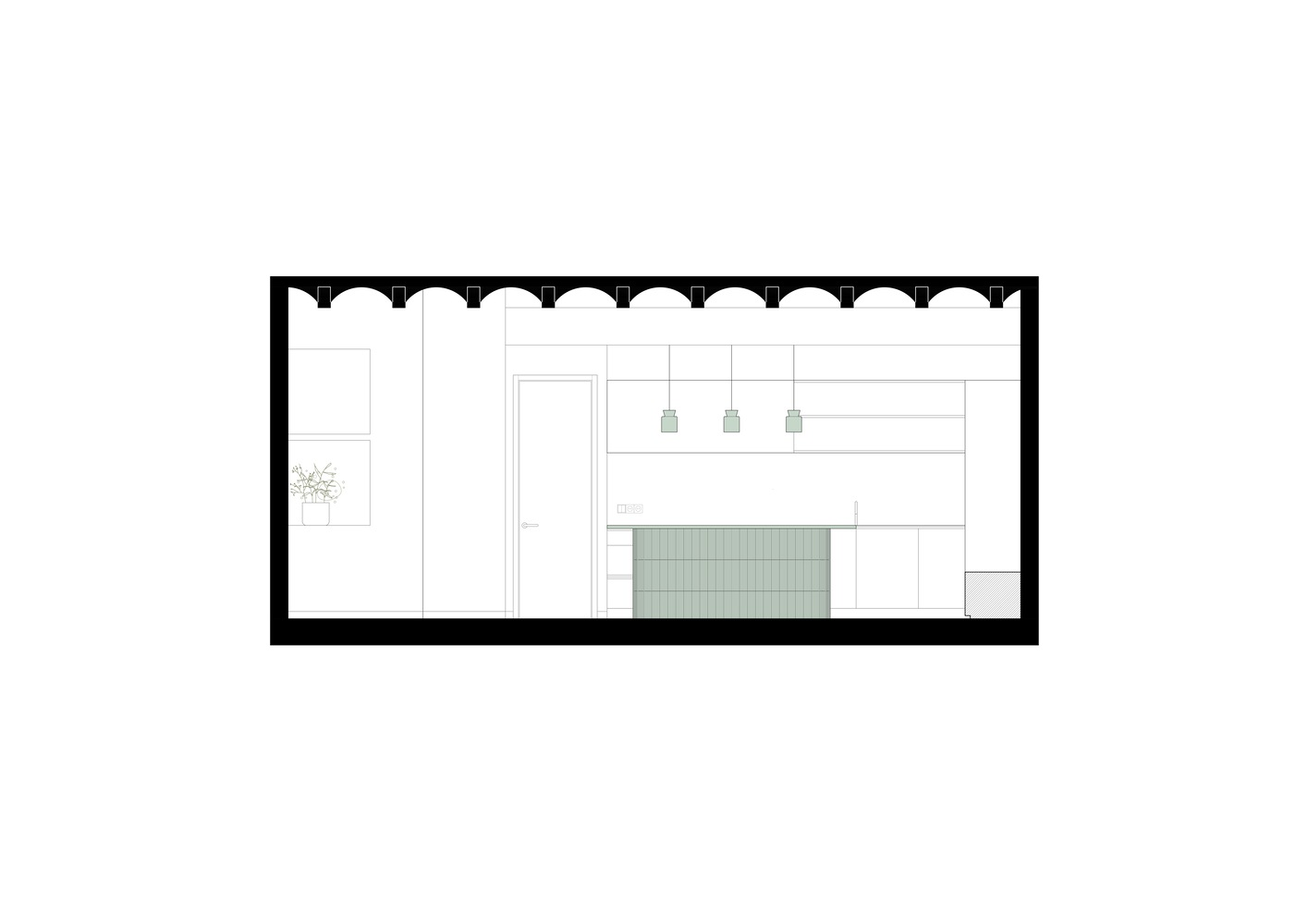 Section drawing showing vaulted ceiling, pendant lights, and tiled counter element within a linear space