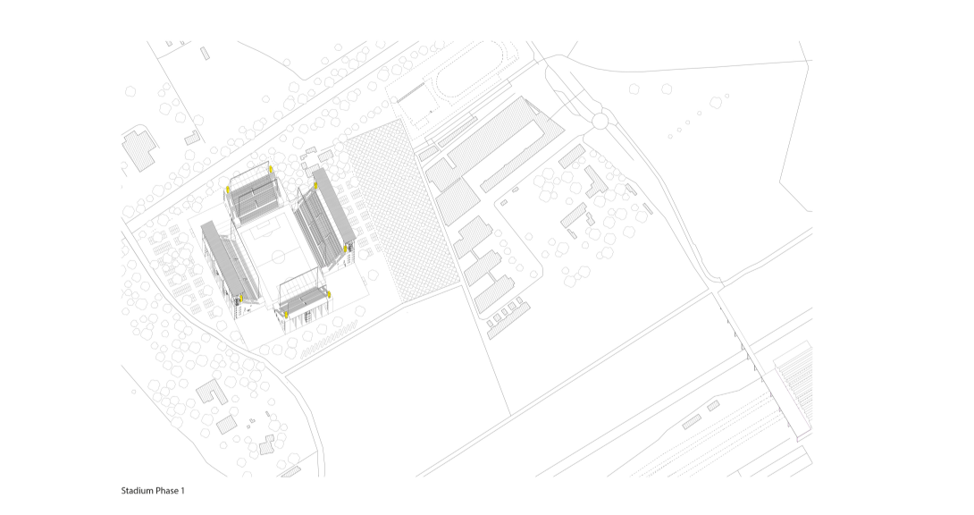 Axonometric View – A phased urban development integrating sports, culture, and green spaces.