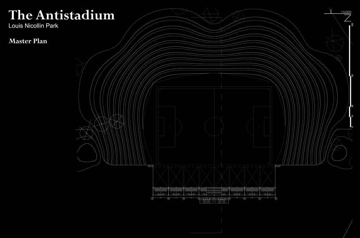 Site plan drawing showing the contoured seating bowl around the central football pitch with adjacent facilities