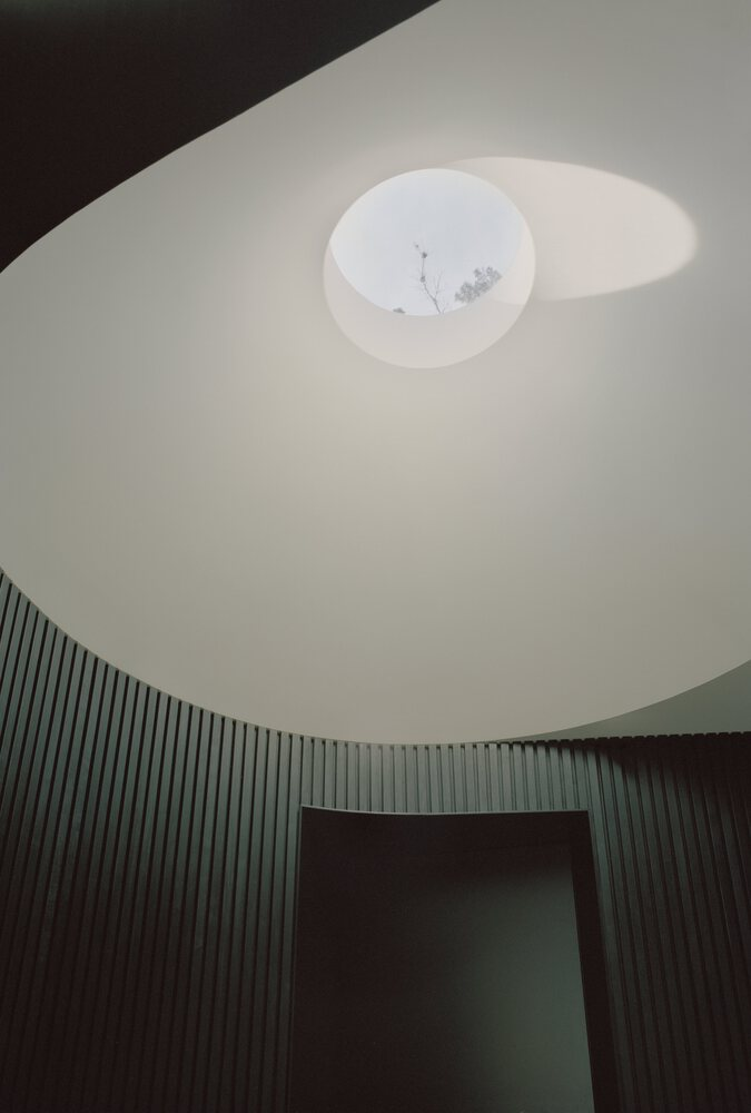 Circular skylight opening in curved white ceiling with vertical batten wall below