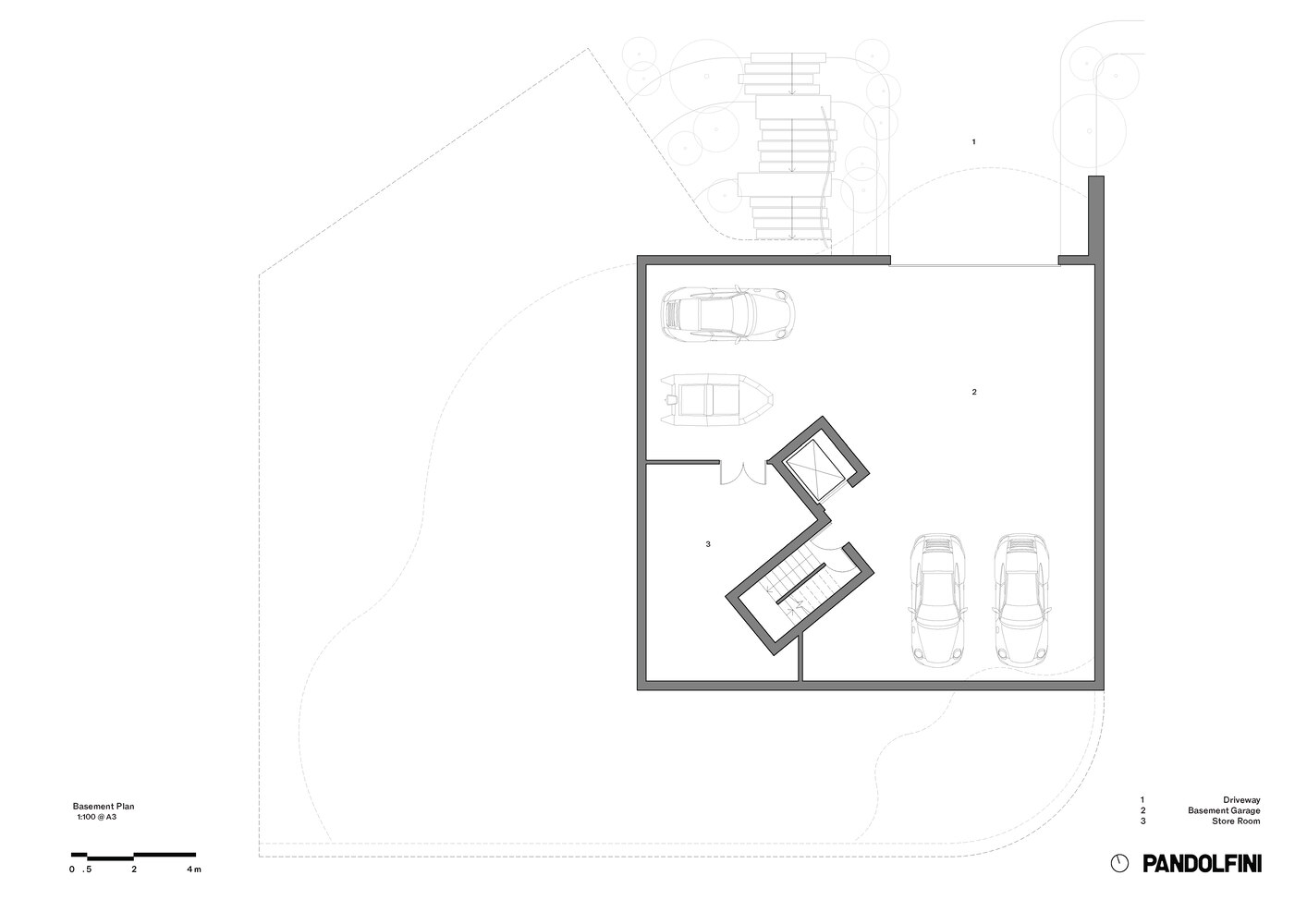 Basement plan drawing showing garage bays and angled stair core