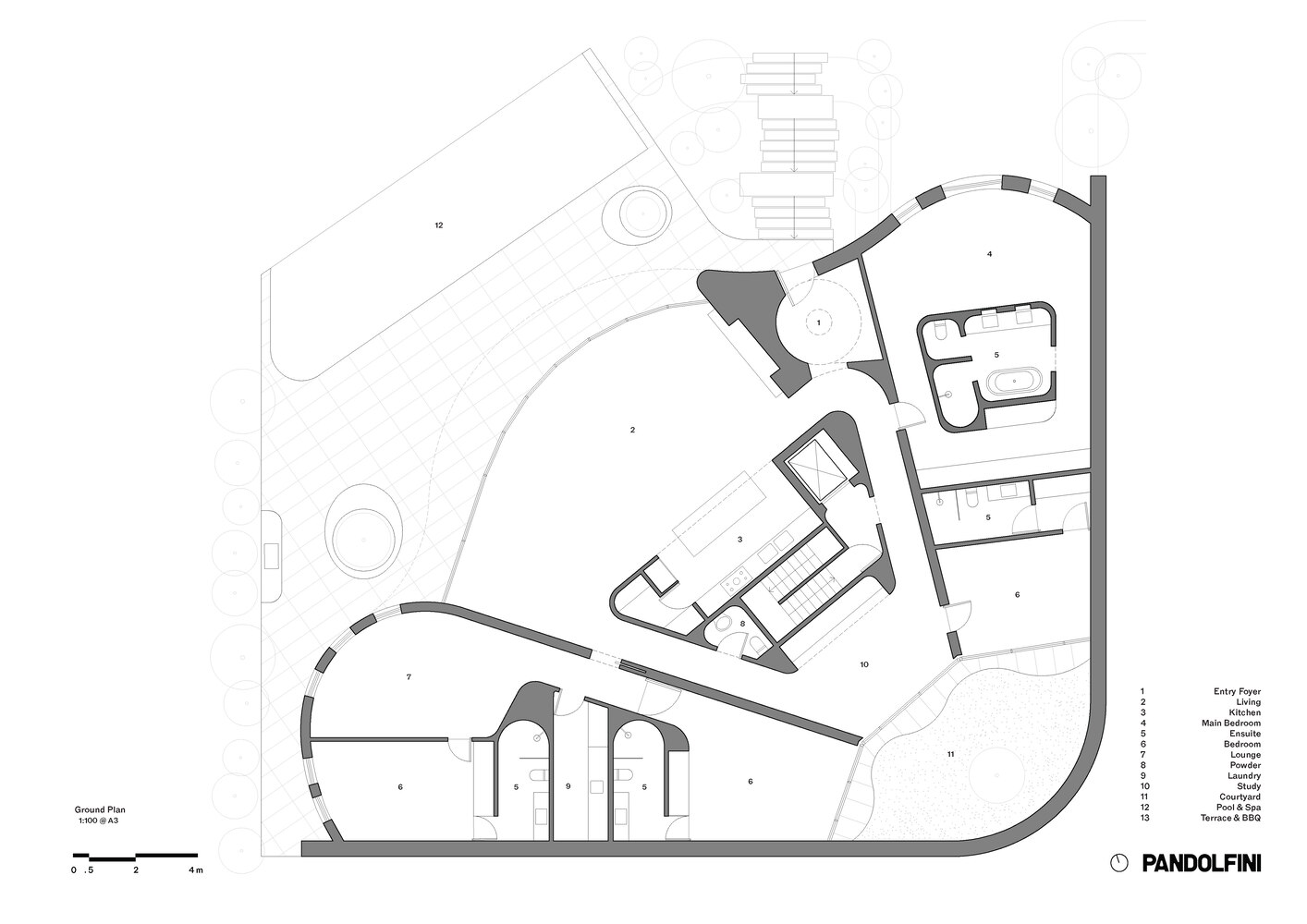 Site plan showing curved building volumes and circulation paths within an irregularly shaped perimeter