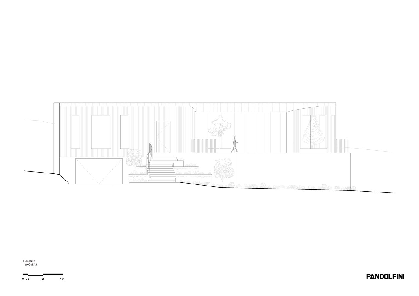 Elevation drawing depicting a split-level structure with stepped terraces and a figure on the upper level