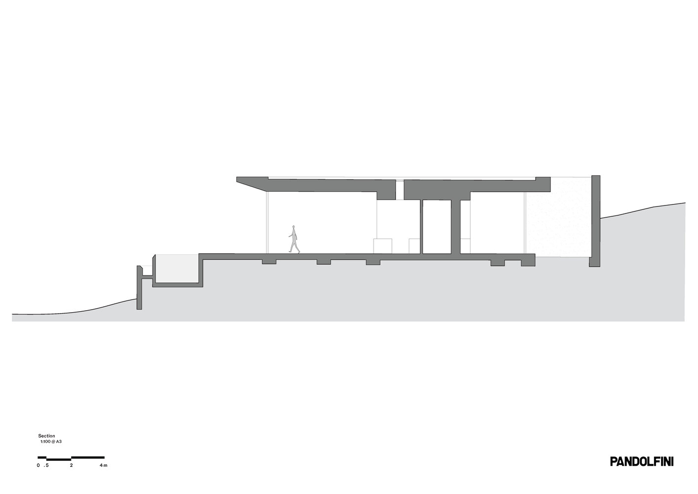 Section drawing showing the building's relationship to sloping terrain with flat roof planes and a figure inside
