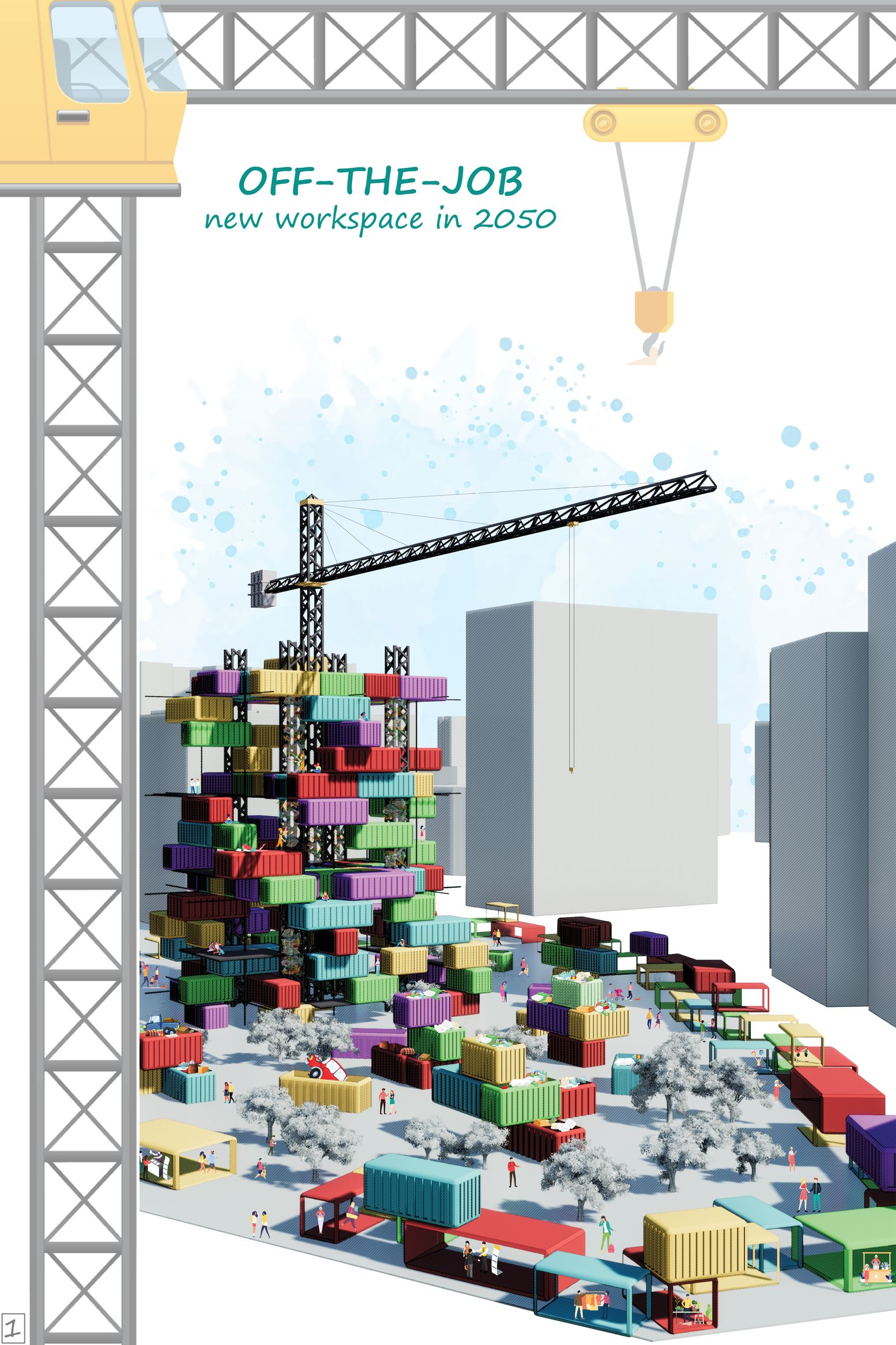 Rendering of a tower crane assembling stacked shipping containers into a mixed-use structure in winter
