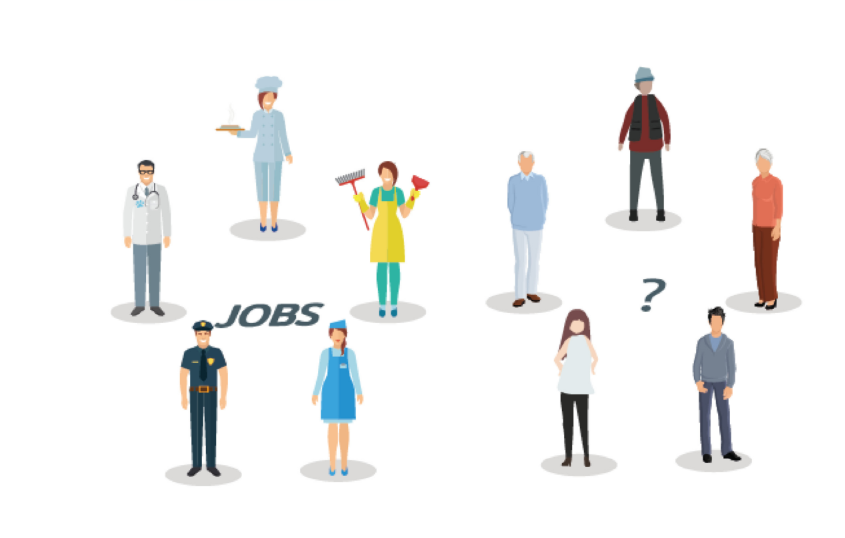 Illustration showing ten figures representing different professions standing on circular platforms