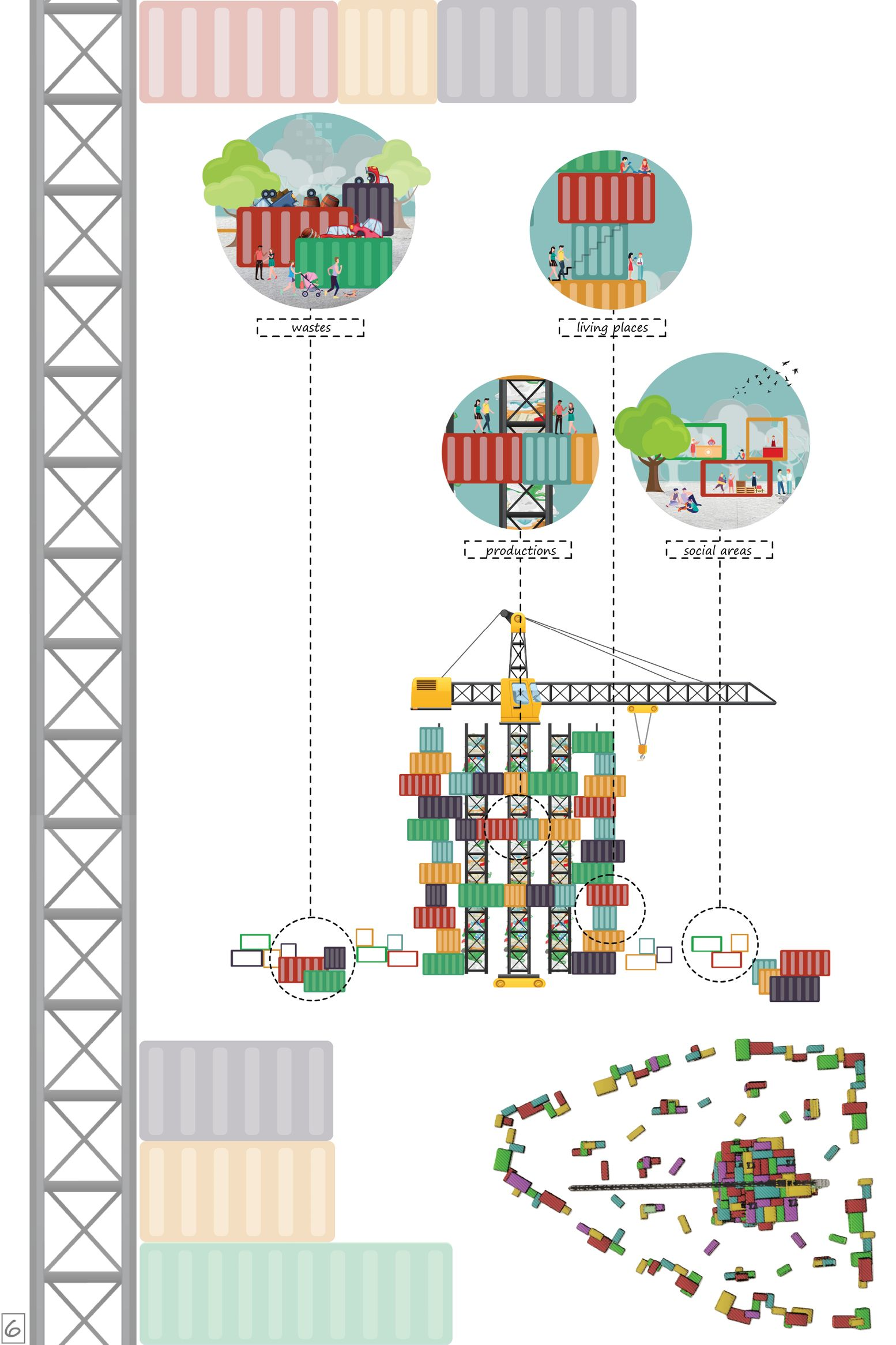 Schematic showing container tower construction process with circular vignettes depicting different spatial programs