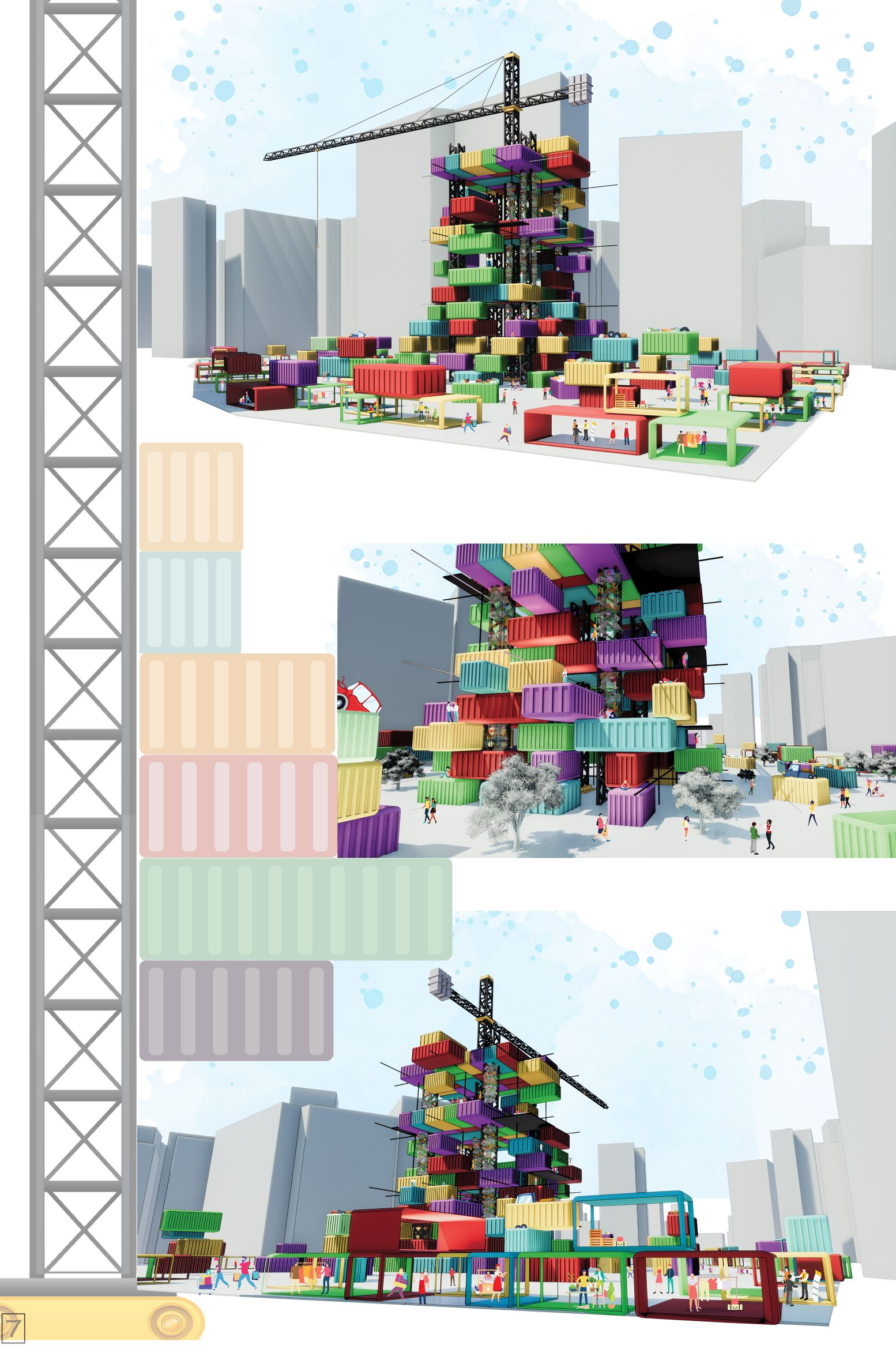 Three perspective views of the colorful stacked container tower with crane at different assembly stages
