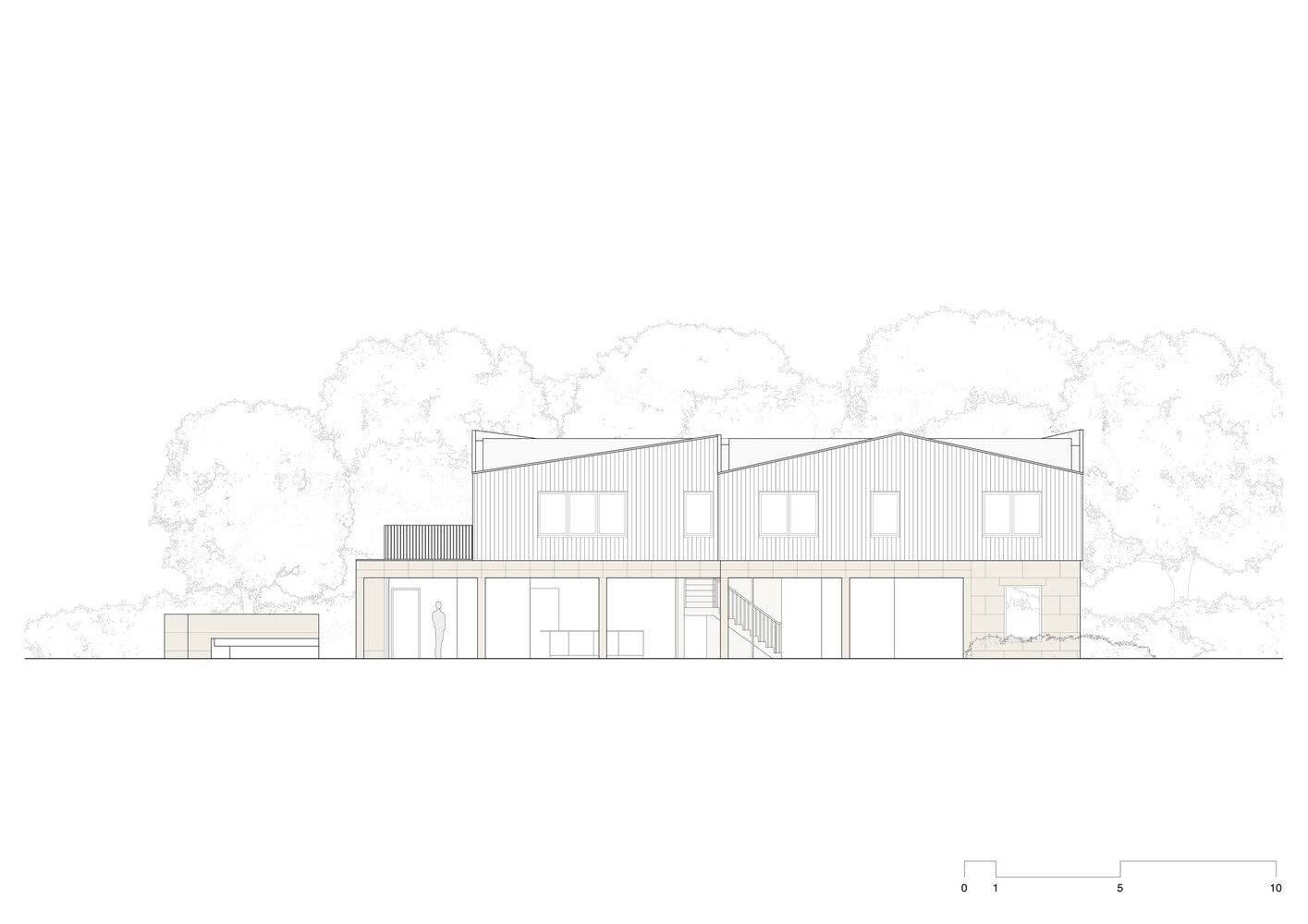 Elevation drawing showing a two-story residence with vertical cladding and large openings framed by trees