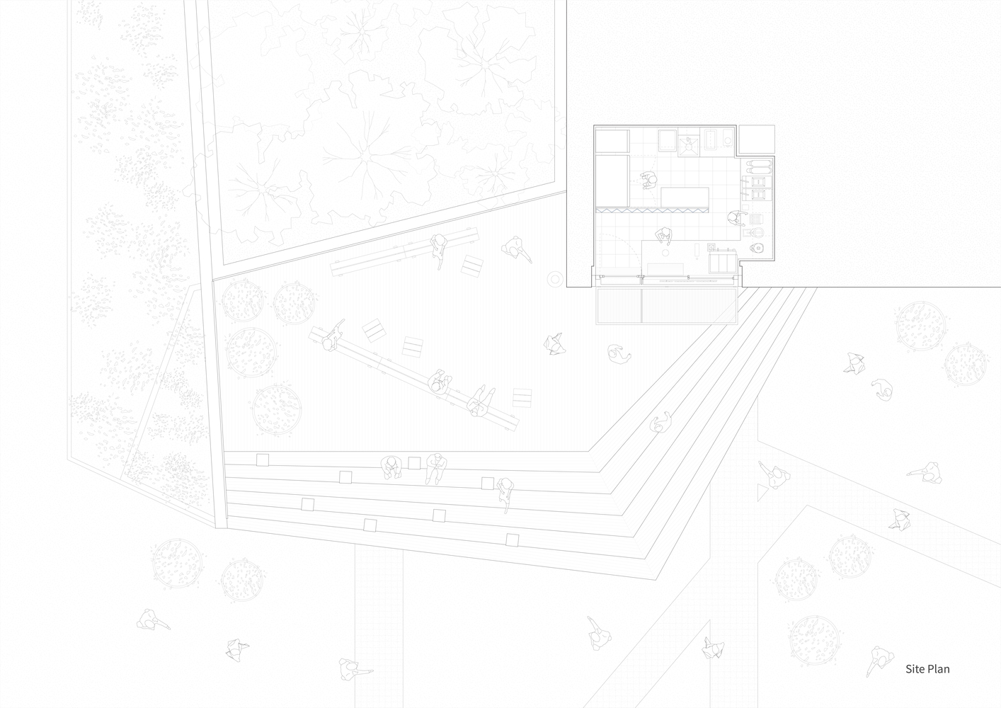 Site plan drawing showing the kiosk footprint and terraced steps in landscape context