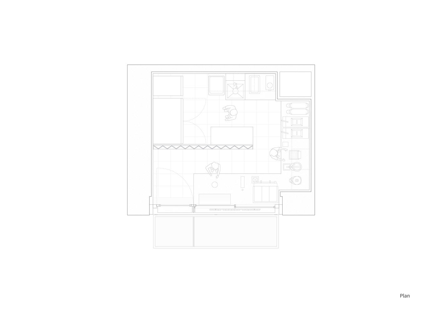 Floor plan drawing showing the compact service counter and interior layout