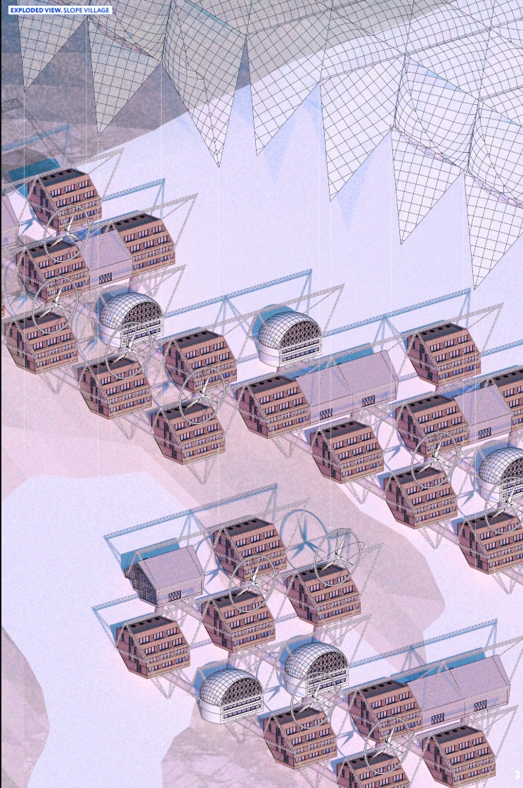Exploded View: Slope Village – A modular settlement integrating housing and communal spaces on a steep Arctic slope.