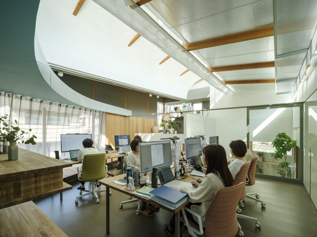 Office area with curved partition wall, timber ceiling beams and workers at computer desks under natural light