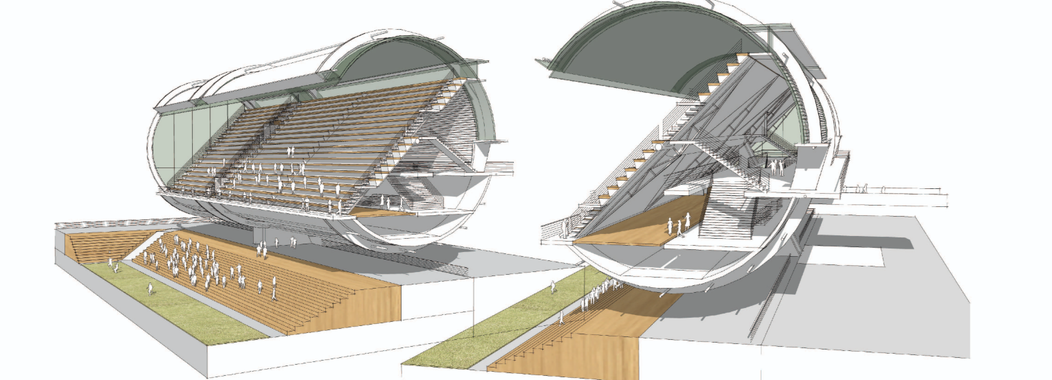 Top-Down Site Plan – The stadium’s circular layout blends seamlessly with its surroundings.