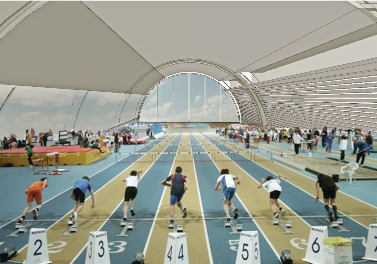 Fitness & Sports Configuration – A dynamic transformation into an indoor track and training facility.